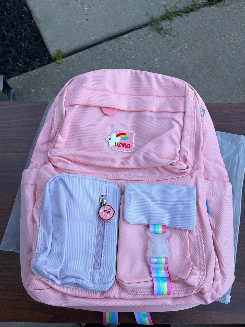 LISINUO Pink Pastel Rainbow Multi Pocket School Backpack Girls NWT